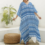 Blue Native American Aztec Pattern Print Silk V-Neck Kaftan Dress