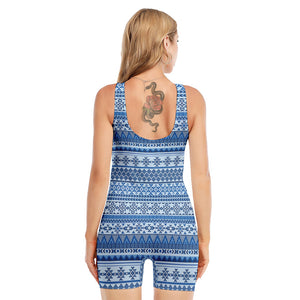 Blue Native American Aztec Pattern Print Sleeveless One Piece Swimsuit