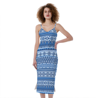 Blue Native American Aztec Pattern Print Slim Fit Midi Cami Dress