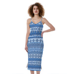 Blue Native American Aztec Pattern Print Slim Fit Midi Cami Dress