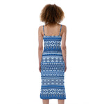 Blue Native American Aztec Pattern Print Slim Fit Midi Cami Dress