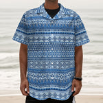Blue Native American Aztec Pattern Print Textured Short Sleeve Shirt