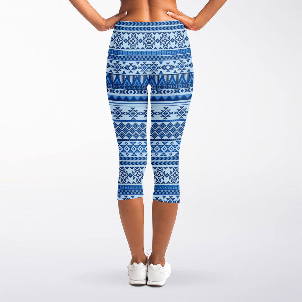 Blue Native American Aztec Pattern Print Women's Capri Leggings