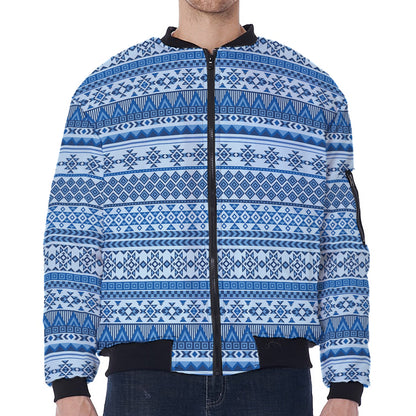 Blue Native American Aztec Pattern Print Zip Sleeve Bomber Jacket