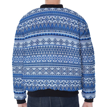 Blue Native American Aztec Pattern Print Zip Sleeve Bomber Jacket