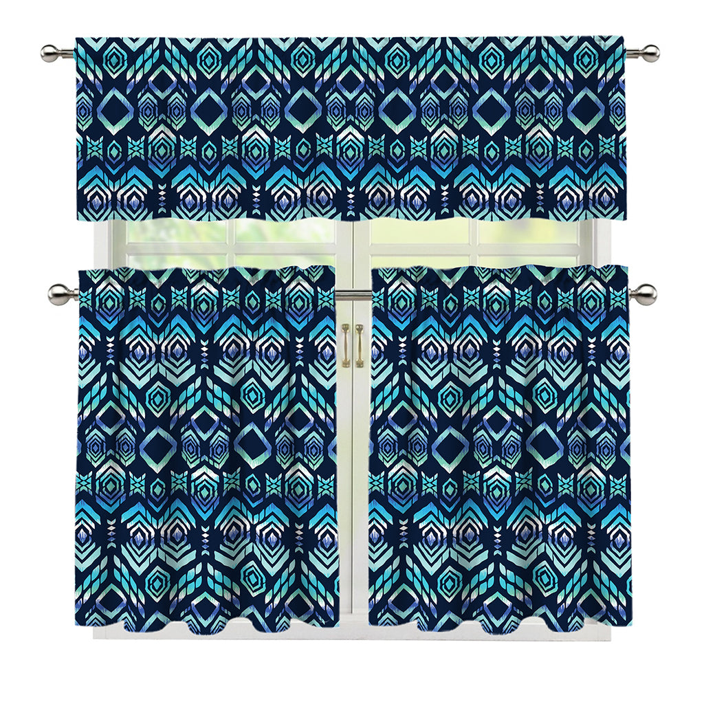 Blue Native Aztec Tribal Pattern Print 3 Piece Kitchen Curtains