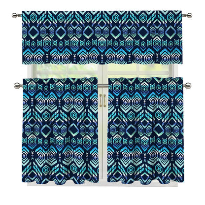 Blue Native Aztec Tribal Pattern Print 3 Piece Kitchen Curtains