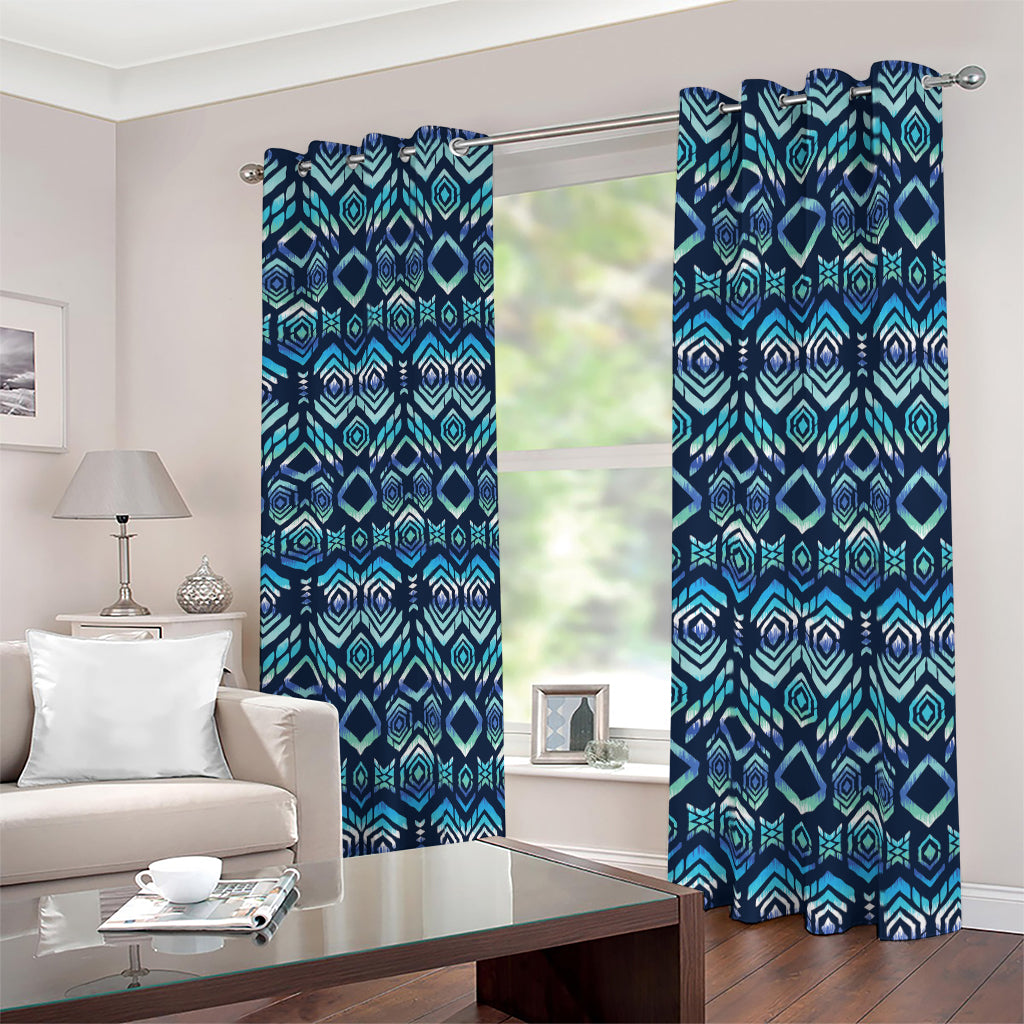 Blue Native Aztec Tribal Pattern Print Blackout Grommet Curtains