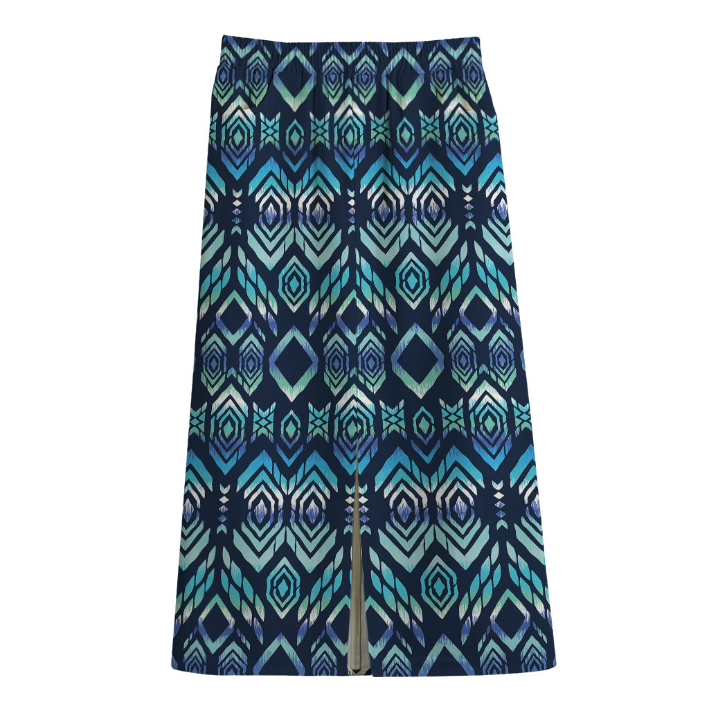 Blue Native Aztec Tribal Pattern Print Cotton Front Slit Maxi Skirt