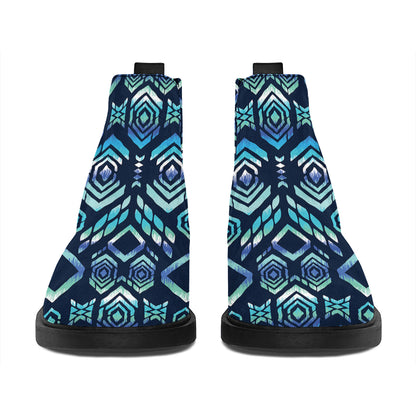 Blue Native Aztec Tribal Pattern Print Flat Ankle Boots