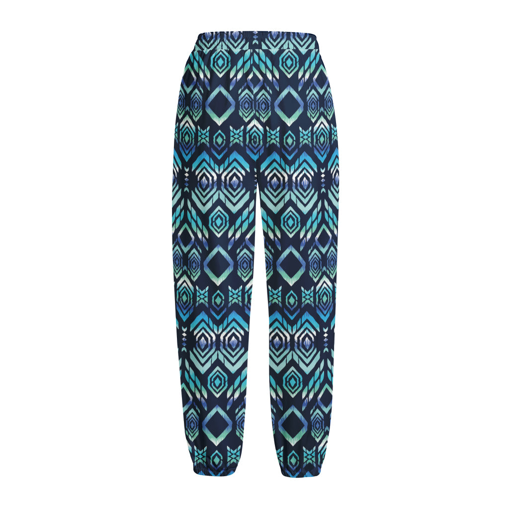 Blue Native Aztec Tribal Pattern Print Fleece Lined Knit Pants
