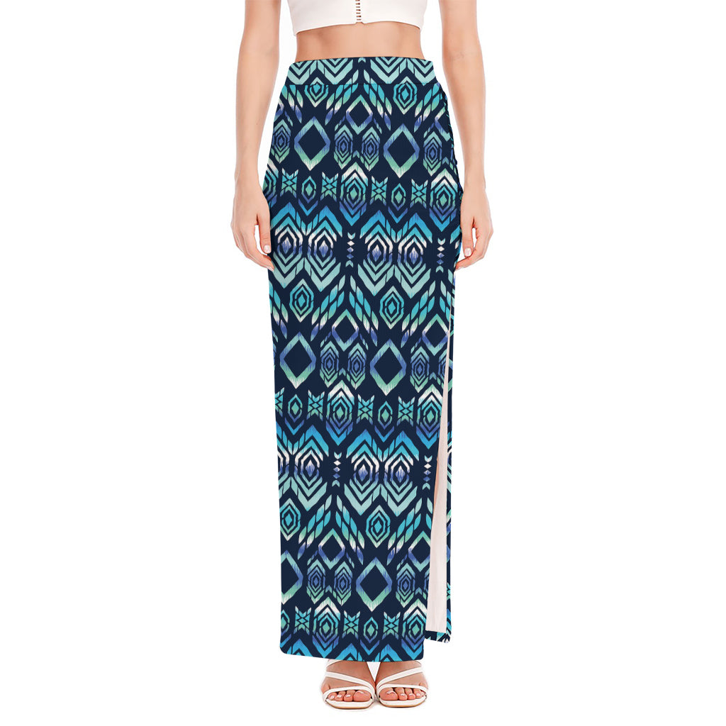 Blue Native Aztec Tribal Pattern Print High Slit Maxi Skirt