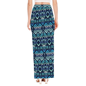 Blue Native Aztec Tribal Pattern Print High Slit Maxi Skirt