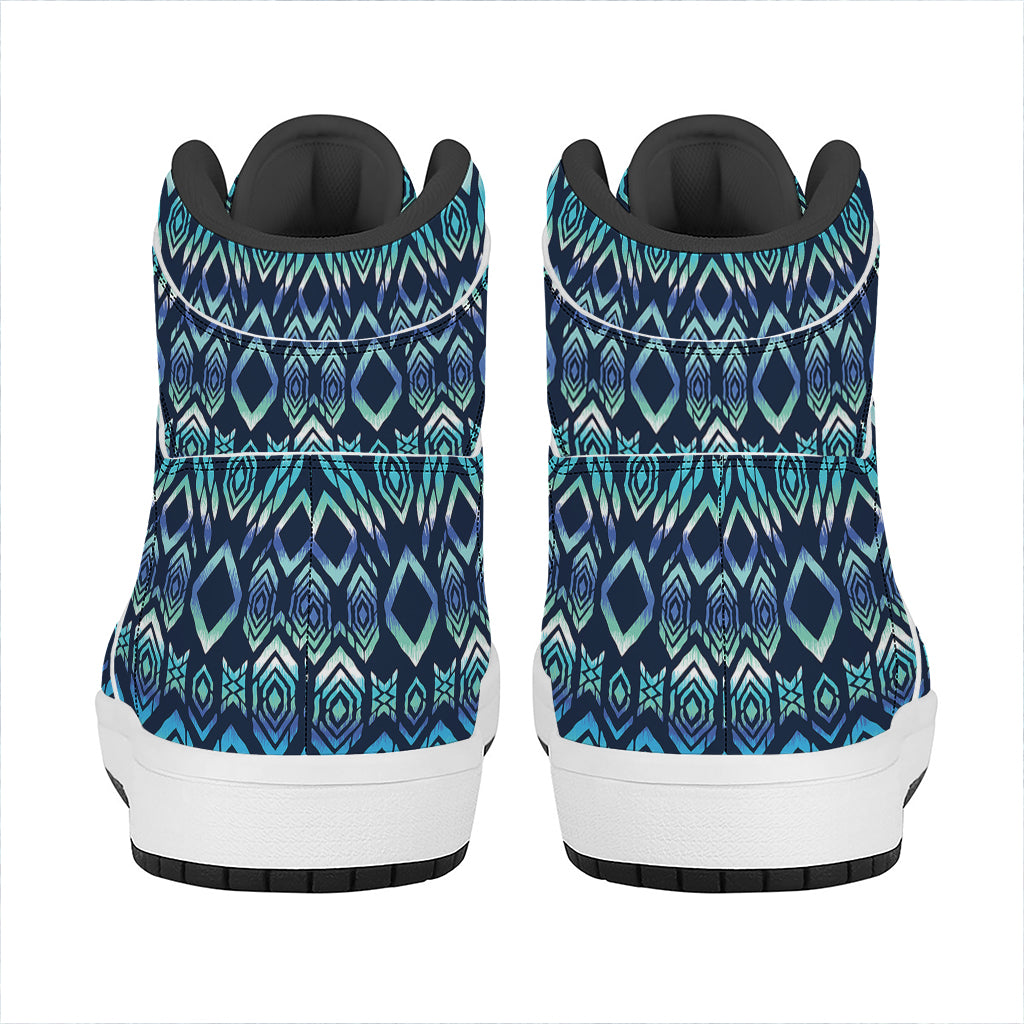 Blue Native Aztec Tribal Pattern Print High Top Leather Sneakers