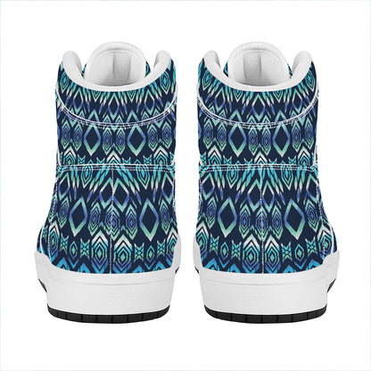 Blue Native Aztec Tribal Pattern Print High Top Leather Sneakers