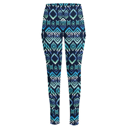 Blue Native Aztec Tribal Pattern Print High-Waisted Pocket Leggings