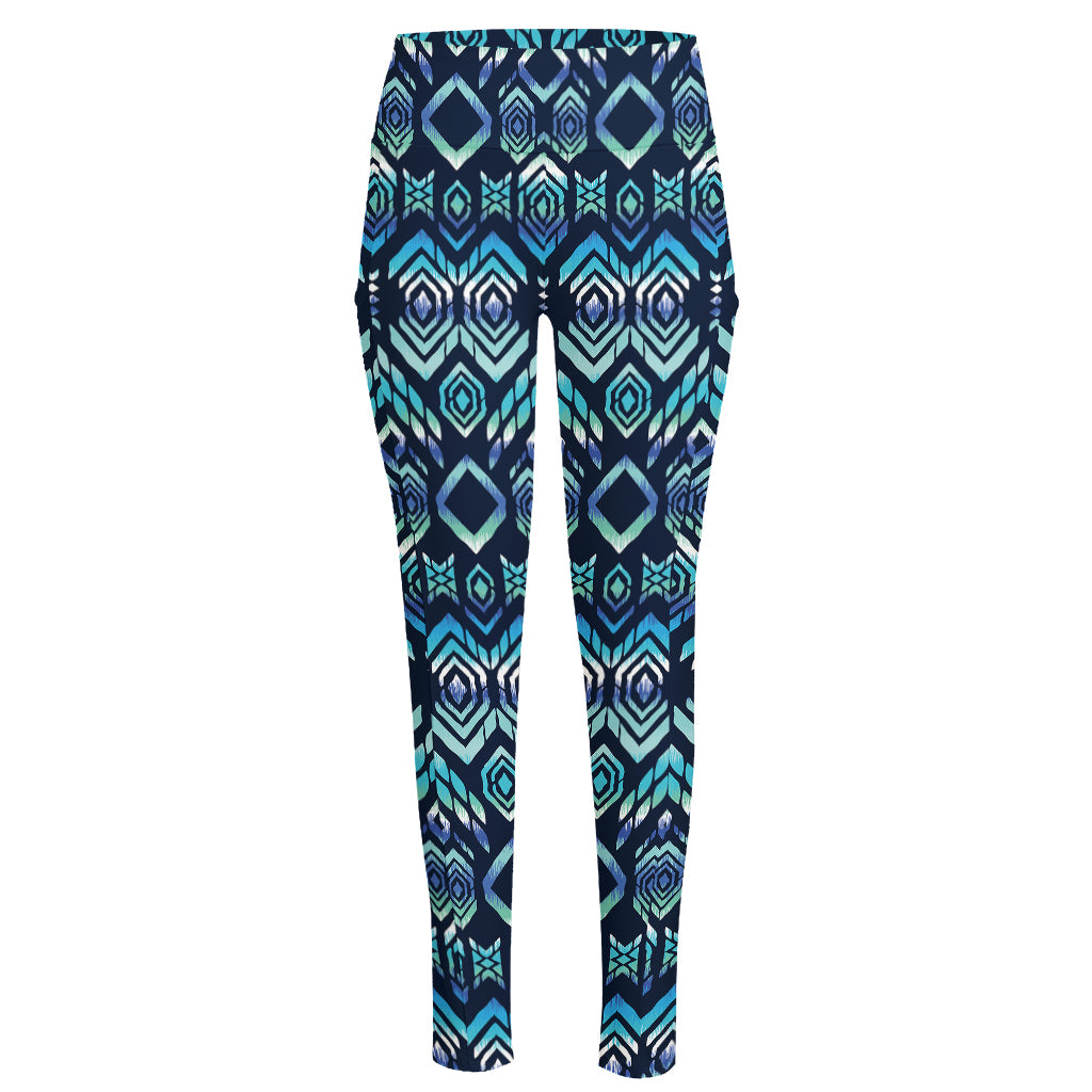 Blue Native Aztec Tribal Pattern Print High-Waisted Pocket Leggings