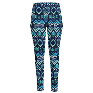 Blue Native Aztec Tribal Pattern Print High-Waisted Pocket Leggings