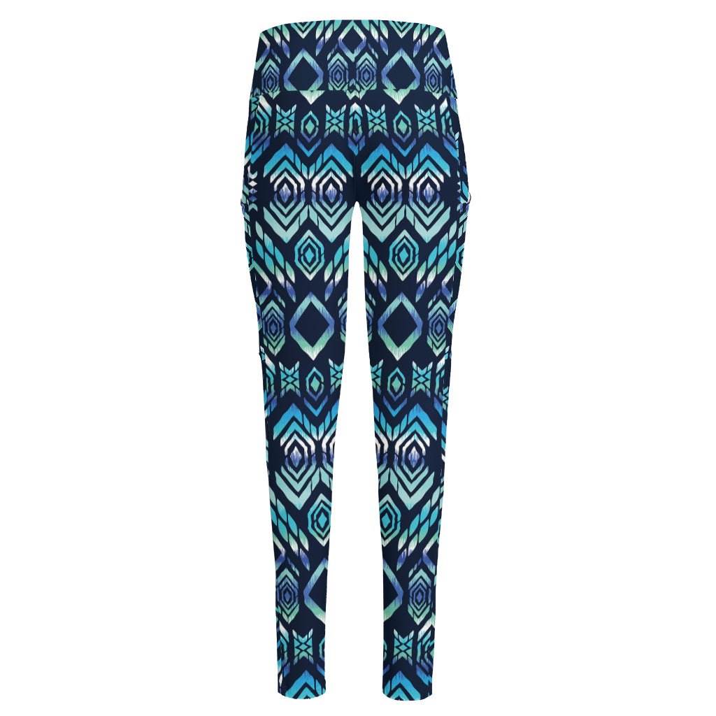 Blue Native Aztec Tribal Pattern Print High-Waisted Pocket Leggings