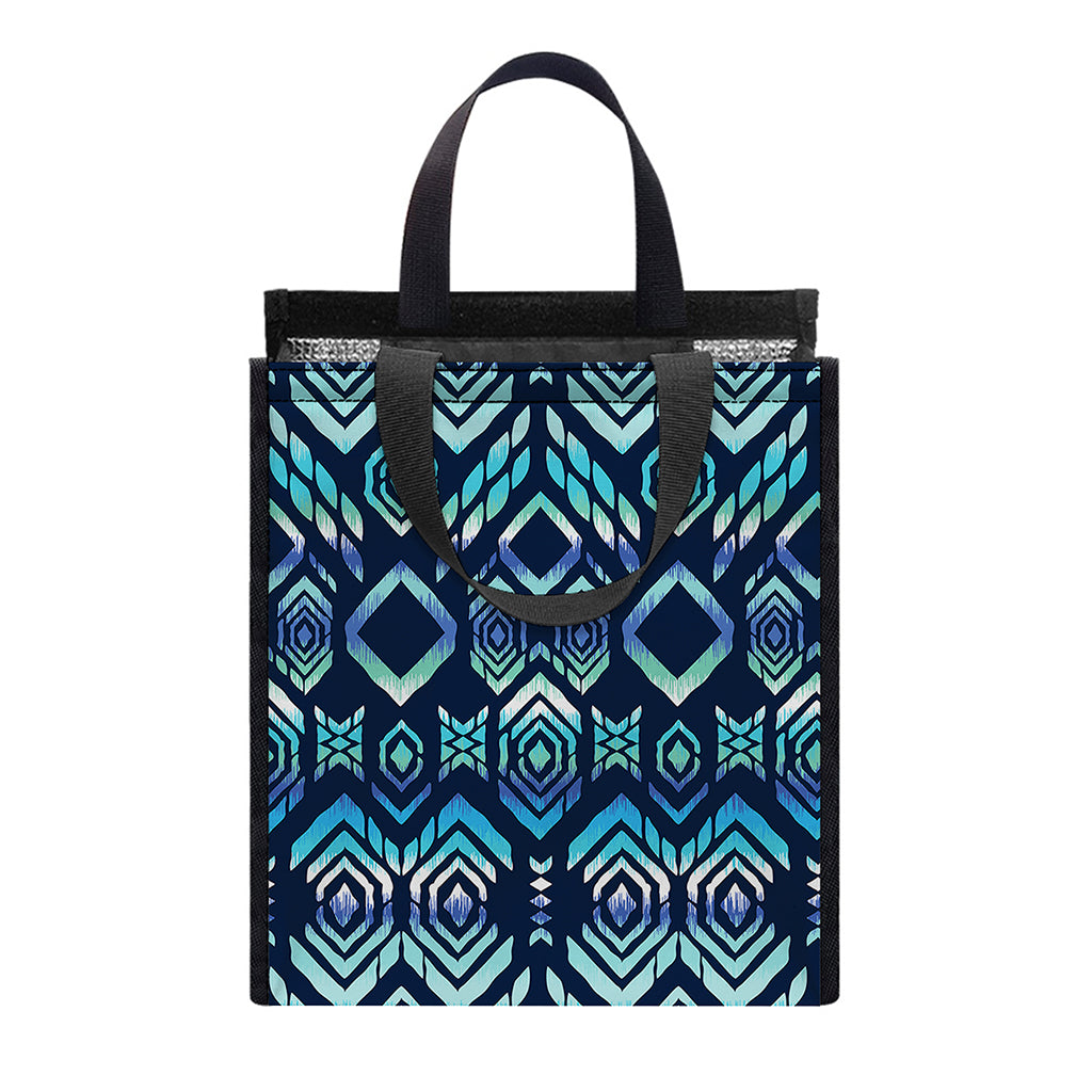 Blue Native Aztec Tribal Pattern Print Insulated Lunch Tote