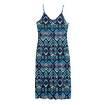 Blue Native Aztec Tribal Pattern Print Jersey Midi Cami Dress
