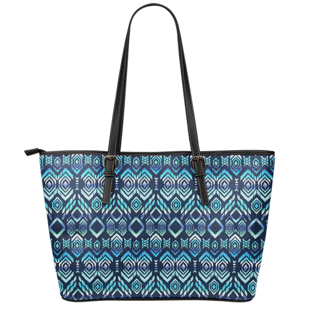 Blue Native Aztec Tribal Pattern Print Leather Tote Bag
