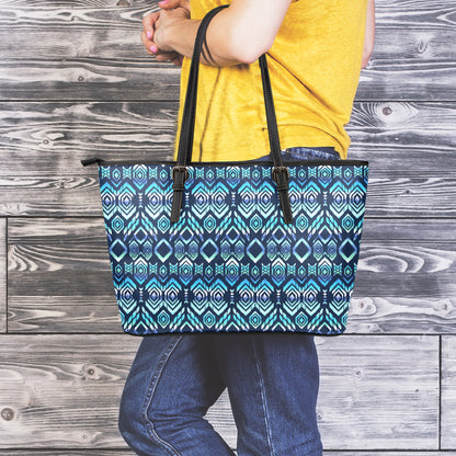Blue Native Aztec Tribal Pattern Print Leather Tote Bag