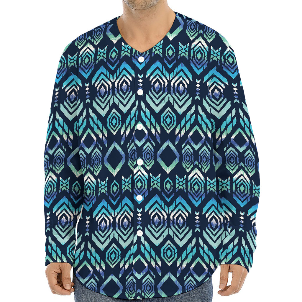 Blue Native Aztec Tribal Pattern Print Long Sleeve Baseball Jersey