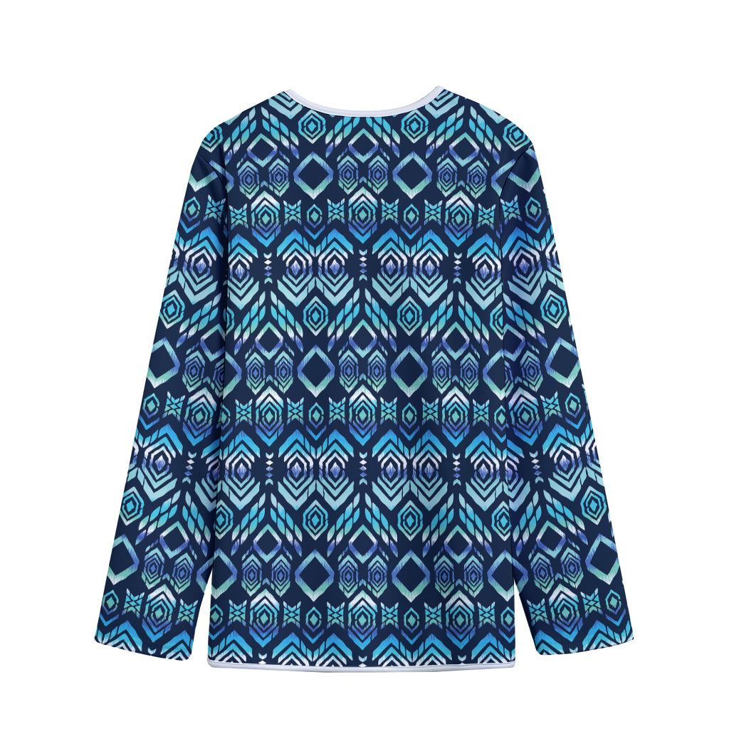 Blue Native Aztec Tribal Pattern Print Long Sleeve Short Coat