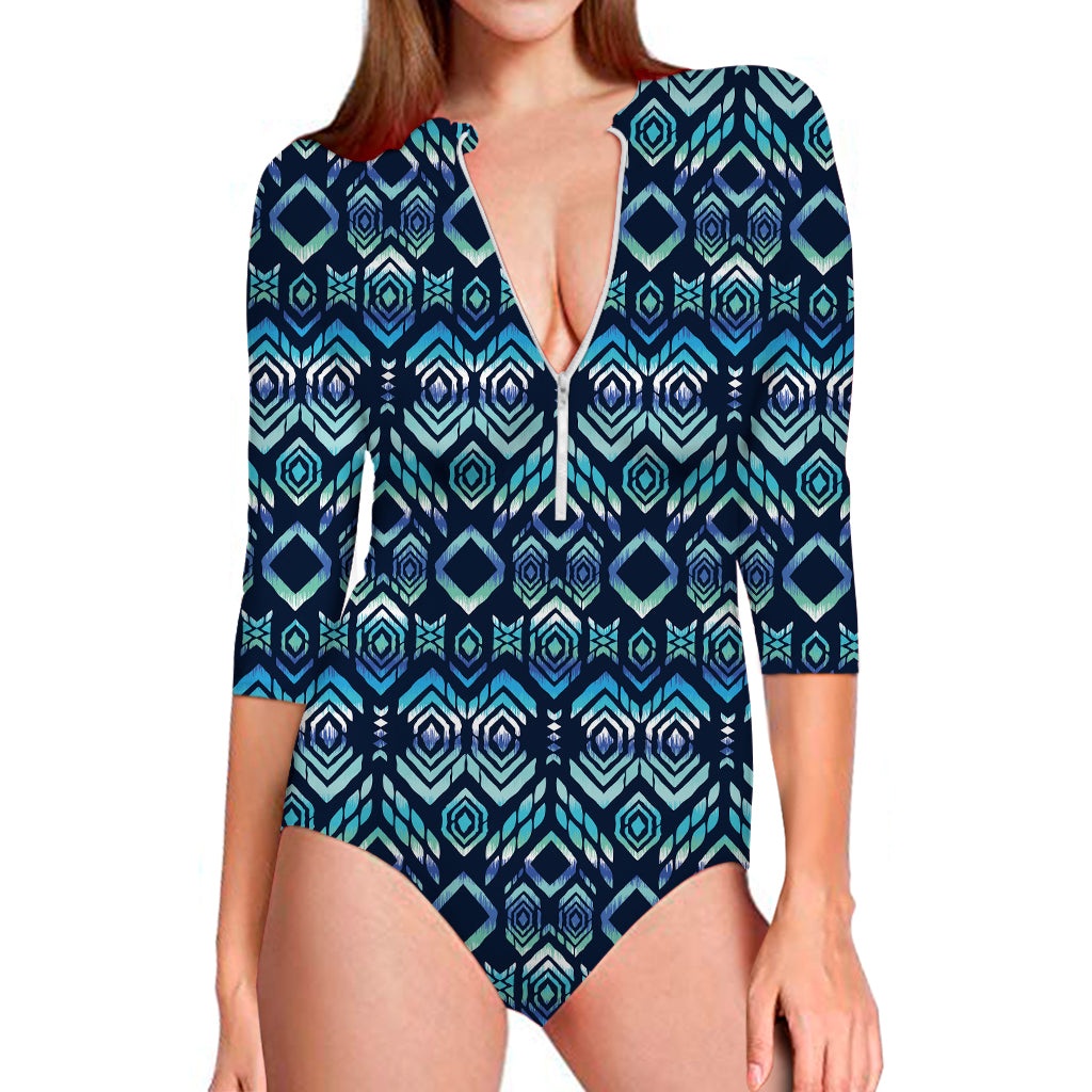 Blue Native Aztec Tribal Pattern Print Long Sleeve Swimsuit