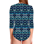 Blue Native Aztec Tribal Pattern Print Long Sleeve Swimsuit