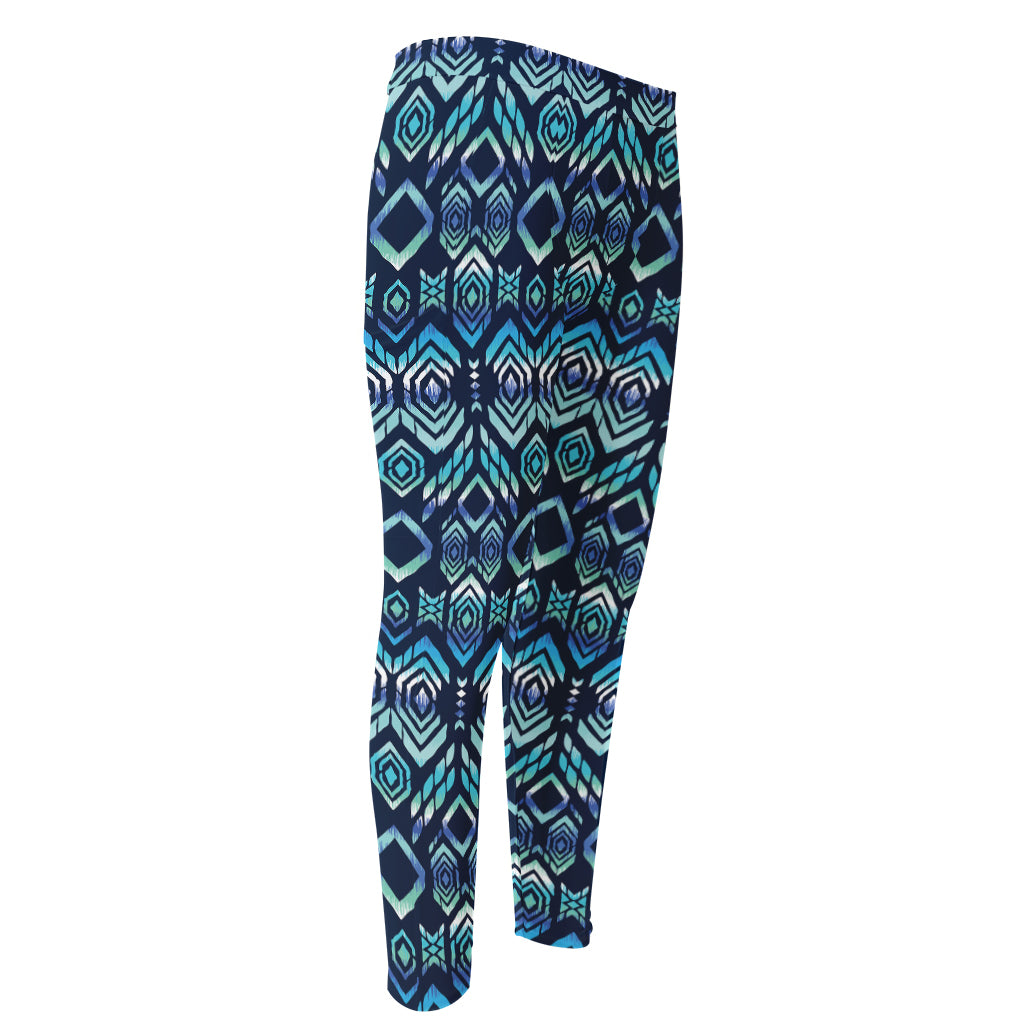 Blue Native Aztec Tribal Pattern Print Men's Compression Pants