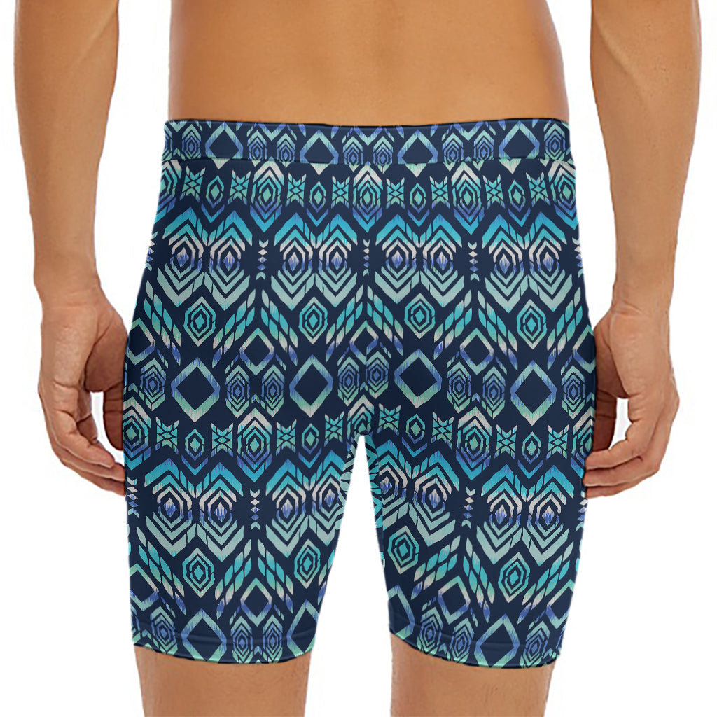 Blue Native Aztec Tribal Pattern Print Men's Long Boxer Briefs