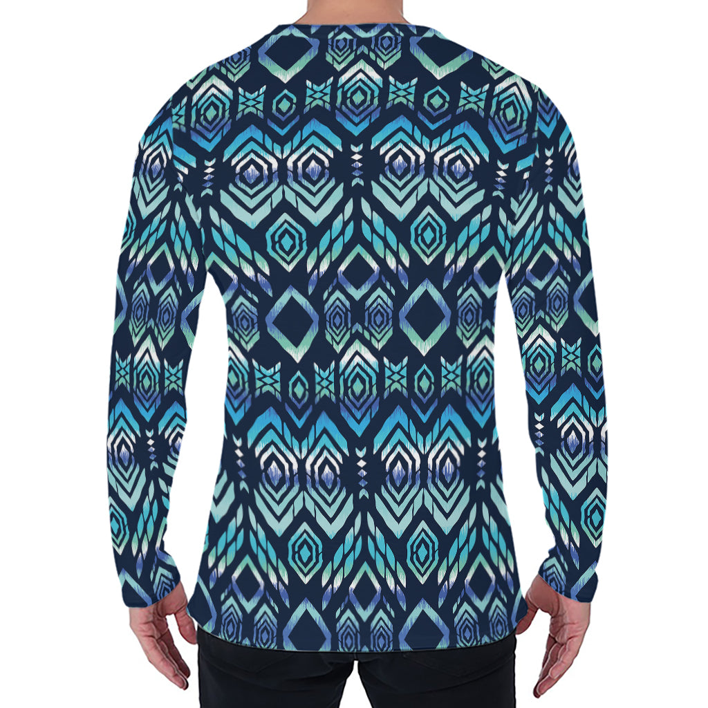 Blue Native Aztec Tribal Pattern Print Men's Long Sleeve T-Shirt