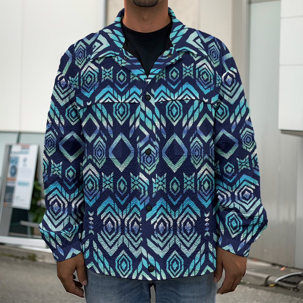 Blue Native Aztec Tribal Pattern Print Men's Shirt Jacket