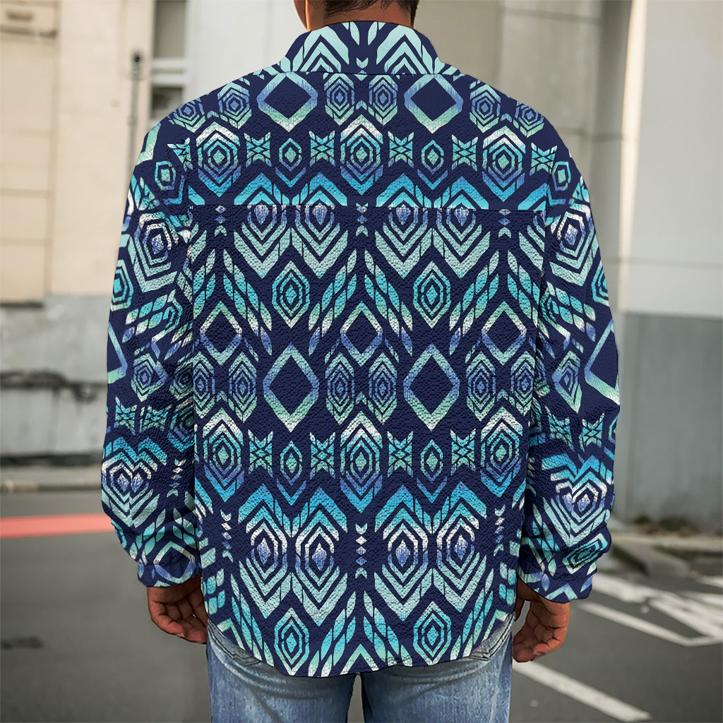 Blue Native Aztec Tribal Pattern Print Men's Shirt Jacket