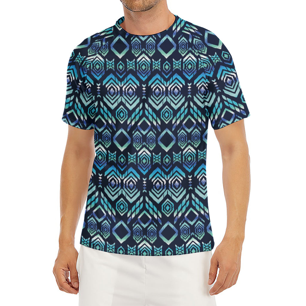 Blue Native Aztec Tribal Pattern Print Men's Short Sleeve Rash Guard