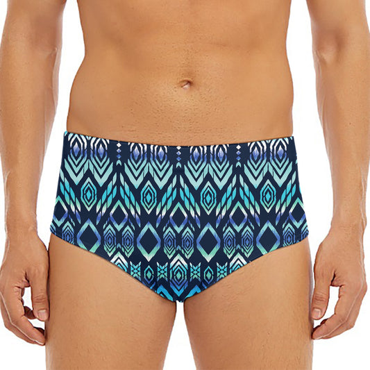 Blue Native Aztec Tribal Pattern Print Men's Triangle Swim Briefs