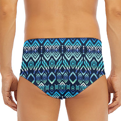 Blue Native Aztec Tribal Pattern Print Men's Triangle Swim Briefs