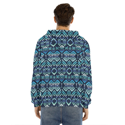 Blue Native Aztec Tribal Pattern Print Men's Velvet Pullover Hoodie