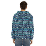 Blue Native Aztec Tribal Pattern Print Men's Velvet Pullover Hoodie