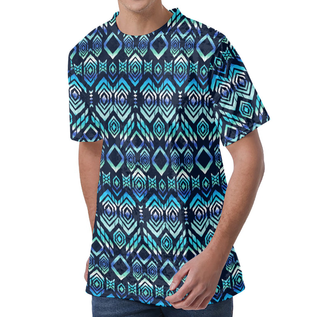 Blue Native Aztec Tribal Pattern Print Men's Velvet T-Shirt