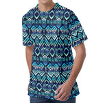 Blue Native Aztec Tribal Pattern Print Men's Velvet T-Shirt
