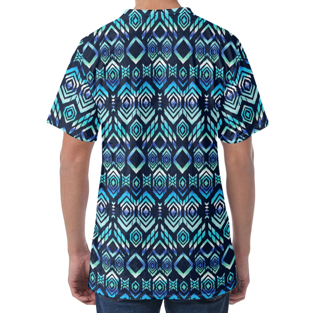 Blue Native Aztec Tribal Pattern Print Men's Velvet T-Shirt
