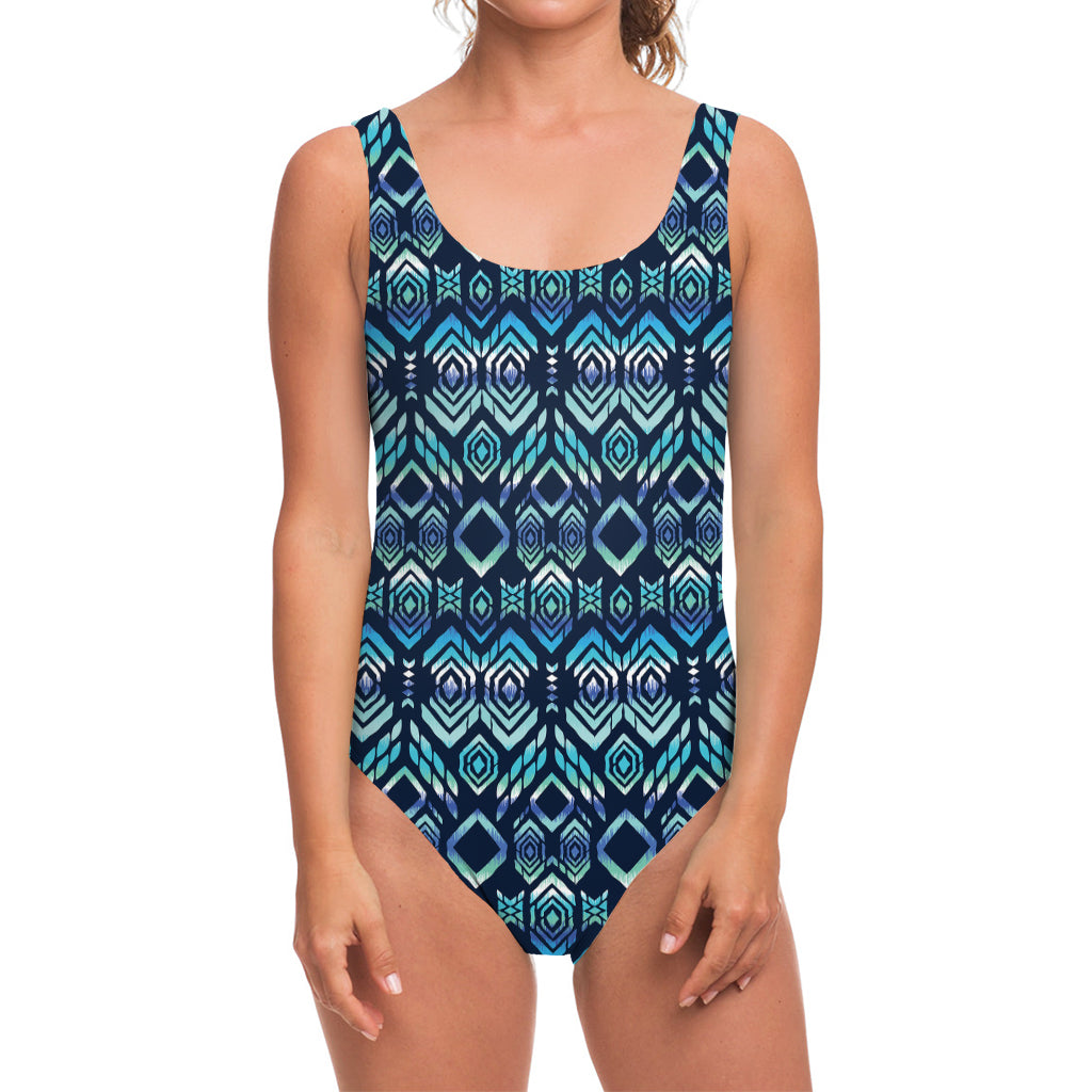Blue Native Aztec Tribal Pattern Print One Piece Swimsuit