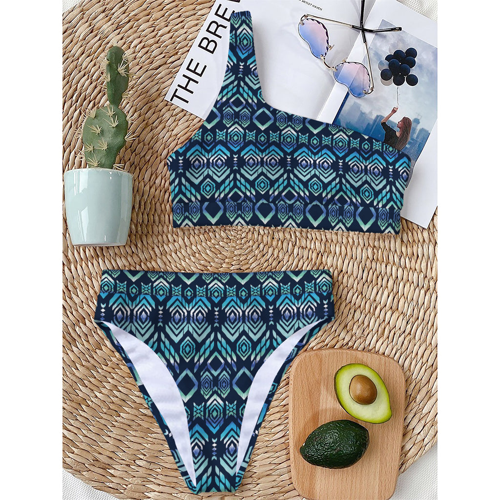 Blue Native Aztec Tribal Pattern Print One Shoulder Bikini Top