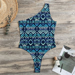 Blue Native Aztec Tribal Pattern Print One Shoulder Bodysuit