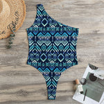 Blue Native Aztec Tribal Pattern Print One Shoulder Bodysuit