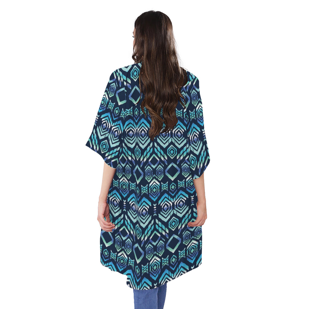 Blue Native Aztec Tribal Pattern Print Open Front Beach Cover Up