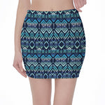 Blue Native Aztec Tribal Pattern Print Pencil Mini Skirt
